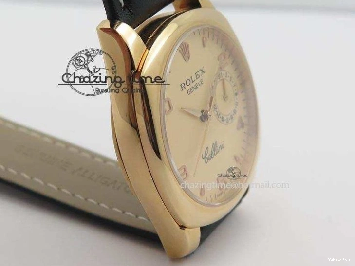 A2824 Cellini Markers Numeral Leather Date RG Rose Black Dial On Gold Strap 0721